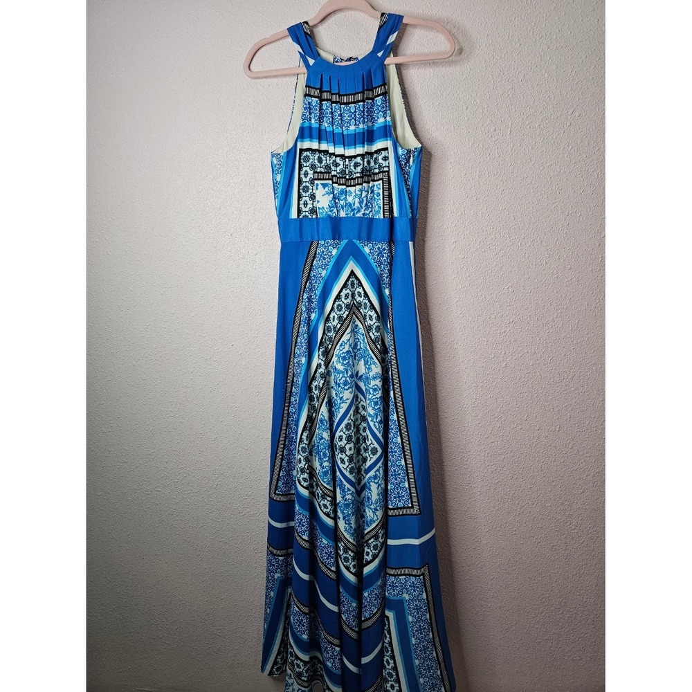 Eliza J Blue Scarf Print Halter Maxi Dress Sleeveless Pleated Tie Back Size 6